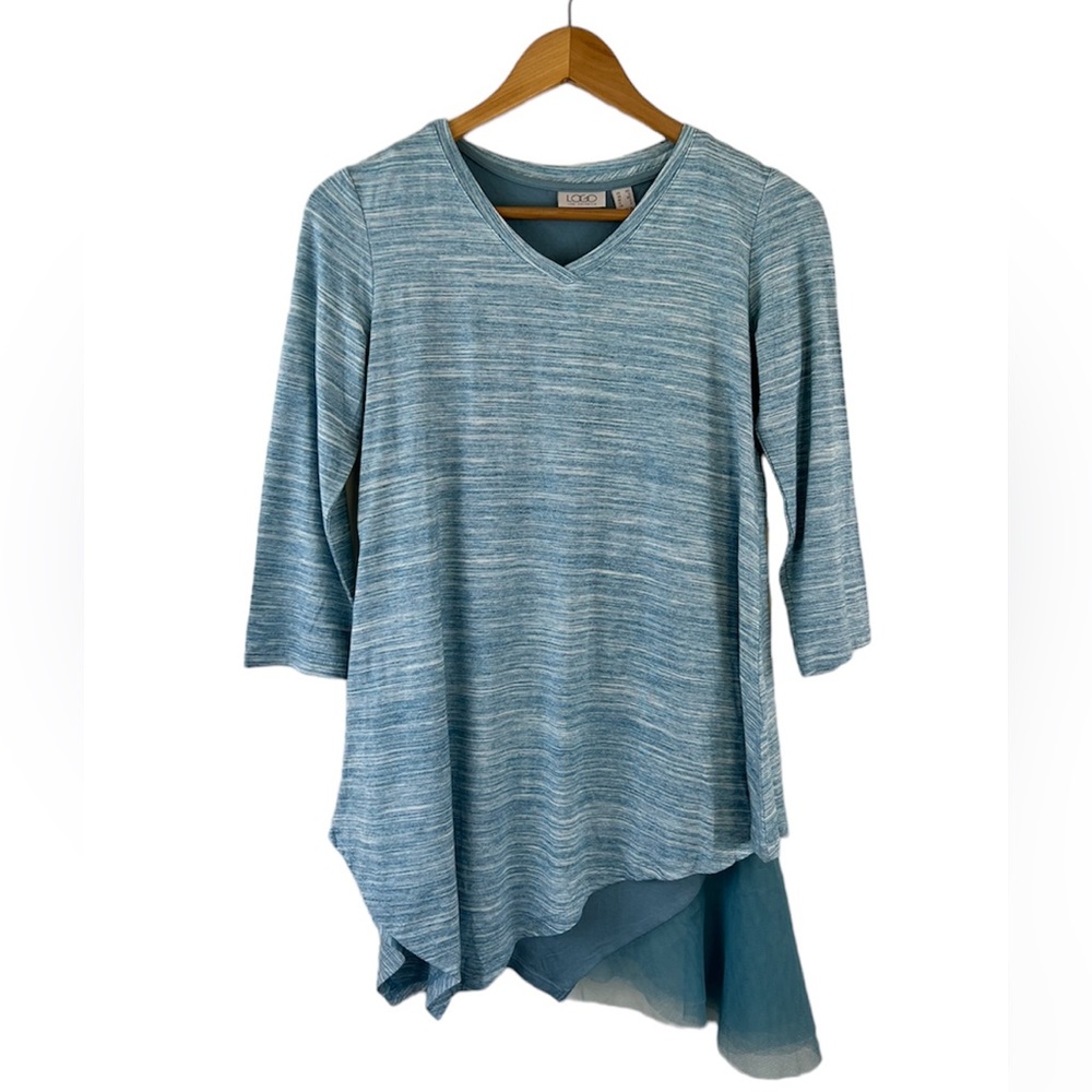 LOGO By Lori Goldstein Asymmetrical Laced Hemline V-Neck Tunic Length Top
